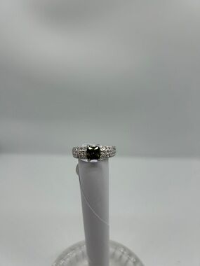 Ring with Olive Green Cushion Stone and Pavé Band